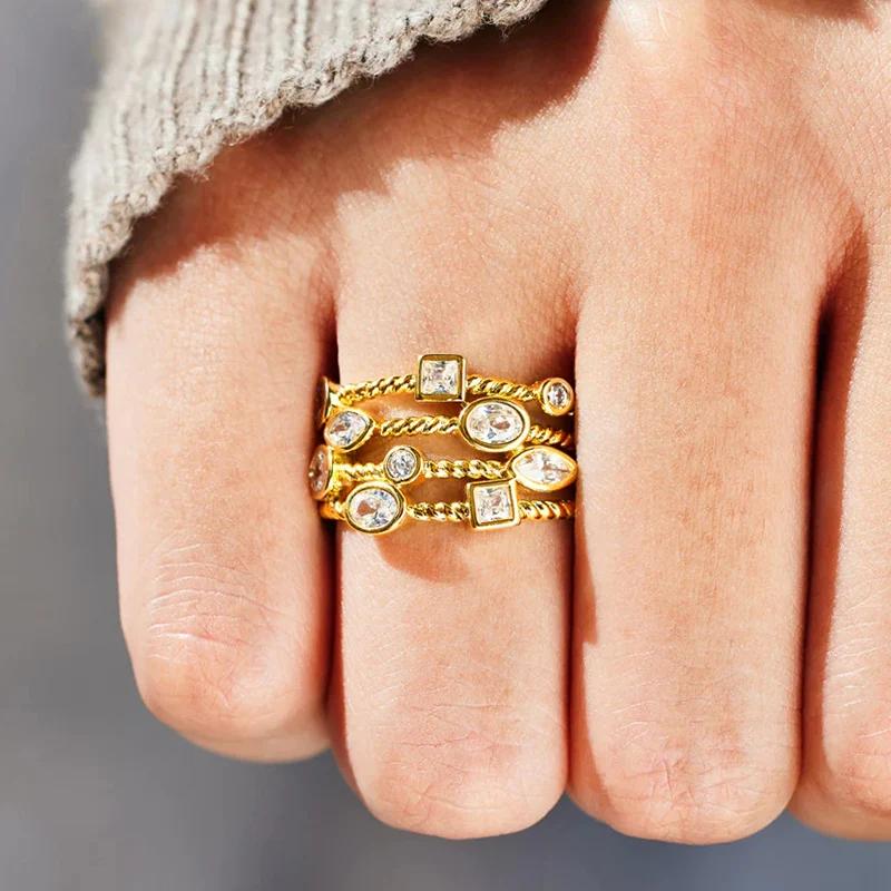 Huitan  Gold Color Women Rings Multi-layers Crystal Cubic Zirconia Design Modern Statement Female Finger Ring New Jewelry