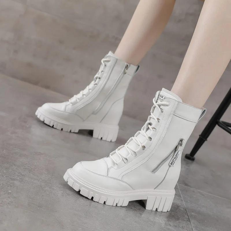 Neue Damen Leder Punk Stiefel Hohe Plattform Chunky Sneakers Herbst 9CM Keilabsatz Mid-Calf Stiefel Frau Winter Motorradstiefel