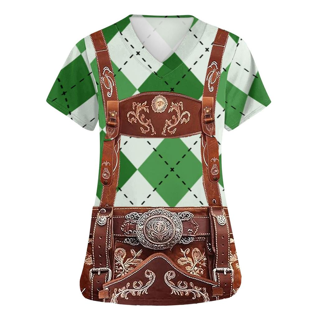 Women's V Neck Short Sleeve Work Shirt with Pockets Oktoberfest Print Top for Caregivers and Service Staff Comfortable Fit