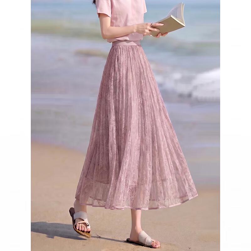 Women s Sweet Pleated High-Waist Flowy Maxi Skirt One Size