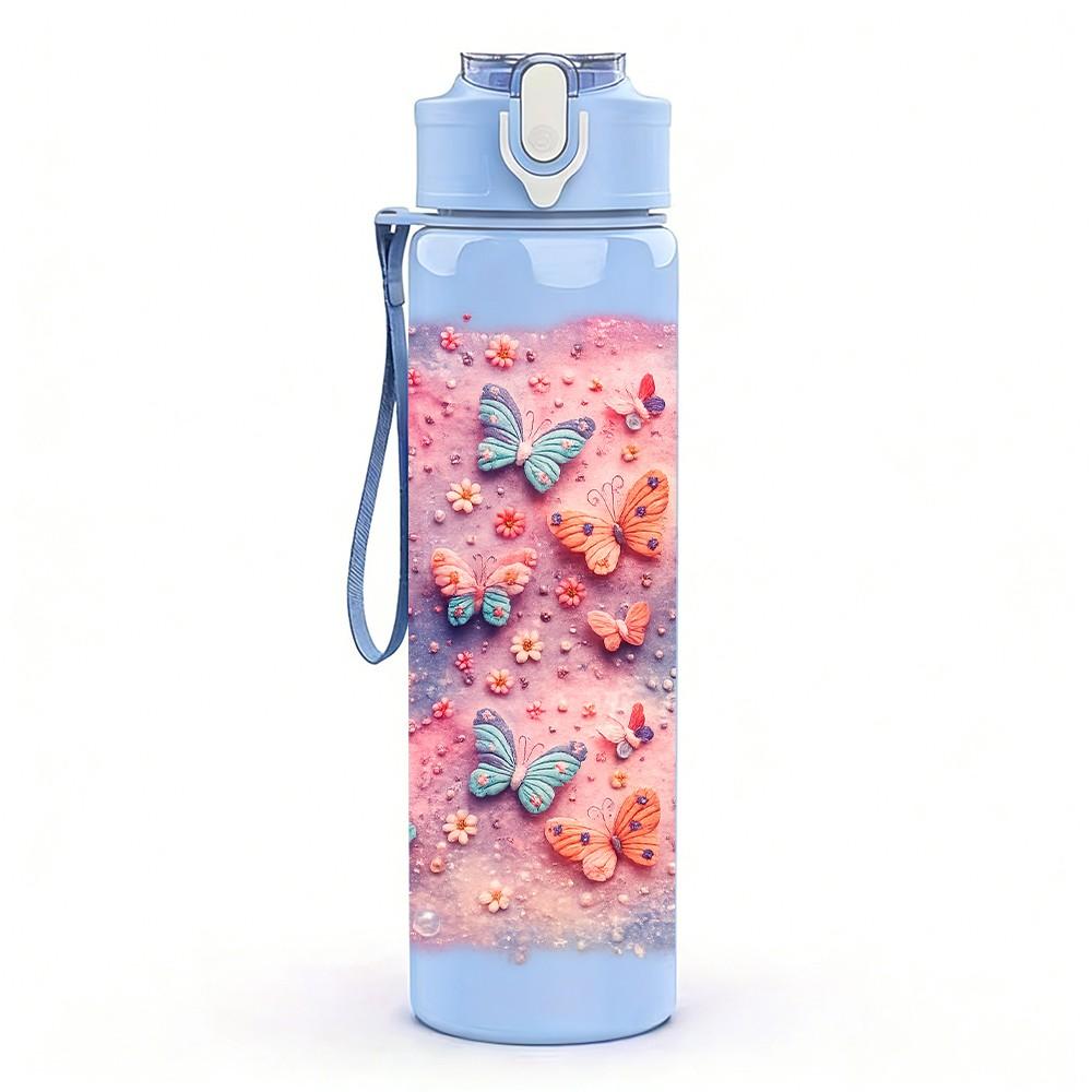1PC Pastel Pink Blue Marble Swirl Print 750ml Color Plastic Sports Water Bottle Leakproof Flip Straw Lid Suitable for Sports Office Home Use