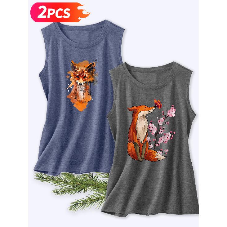 Follow a Specific Direction Two-piece Women's Vest Set Watercolor Fox and Cherry Blossom Vintage Print Elegant Summer Clothing Sleeveless Vest