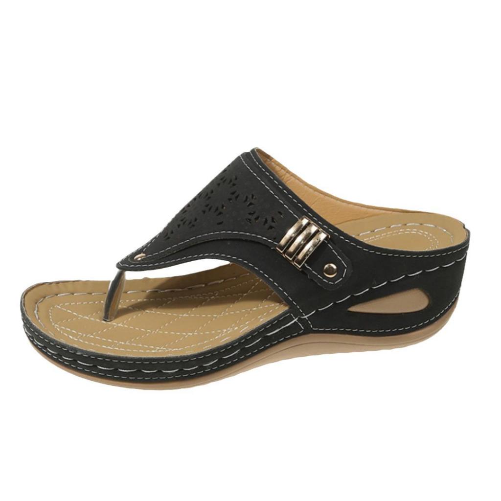2024 Summer Women's Plus Size Round Toe Thick Sole Fashion Sandals - Solid Color & Hollow Out Thong Style