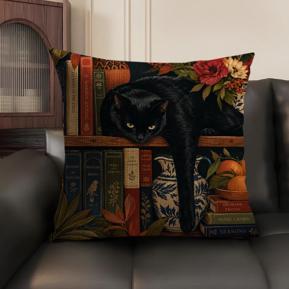 Black Cat Books Cushion Cover Linen Organic Fabric DoubleSided Printing Sofa Breathable Home Decor Gift Pillow Case