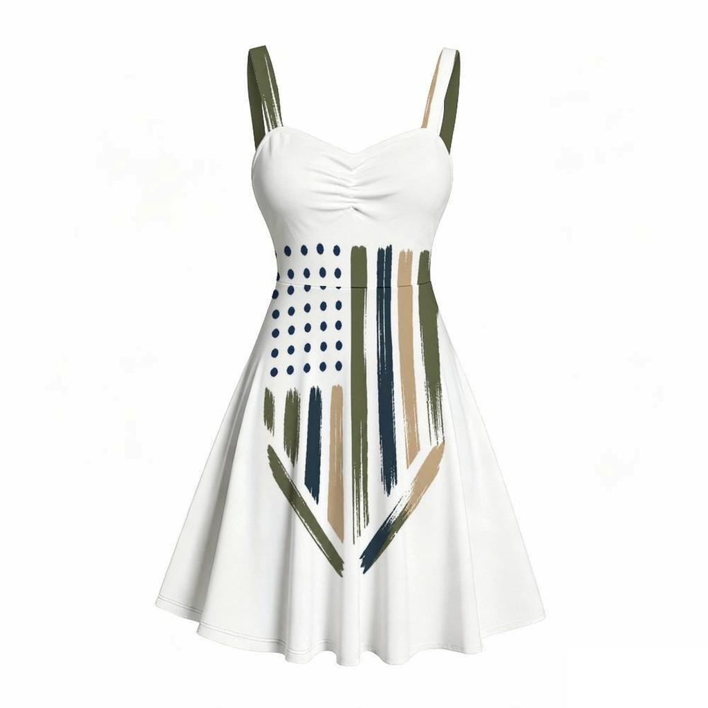 Women Plus Size Off Shoulder Sleeveless Strappy Star Stripe Printed Flared Dress
