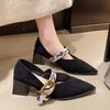 Women's Fashion Single Shoes Autumn New Pointed Toe Shallow Mouth Metal Buckle One Slip Block Heel Shoes