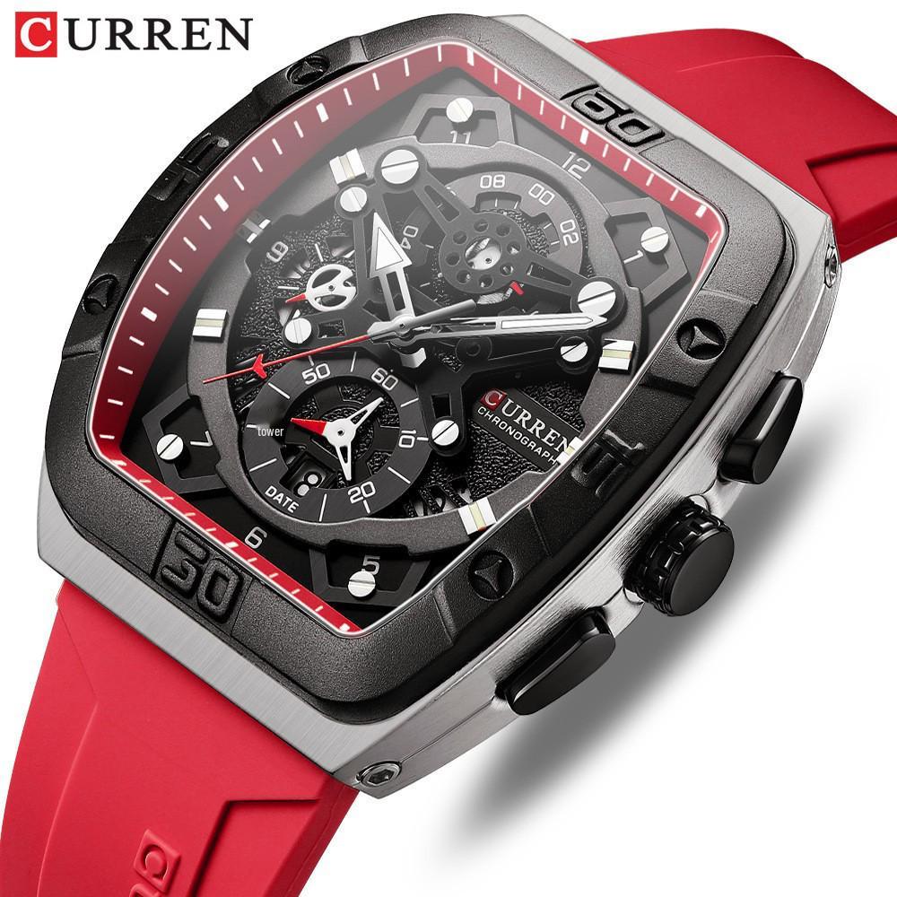 CURREN 8443 Wasserdichte Herren-Quarz-Multifunktionsuhr mit Sechs-Zeiger-Design und Tonnenform