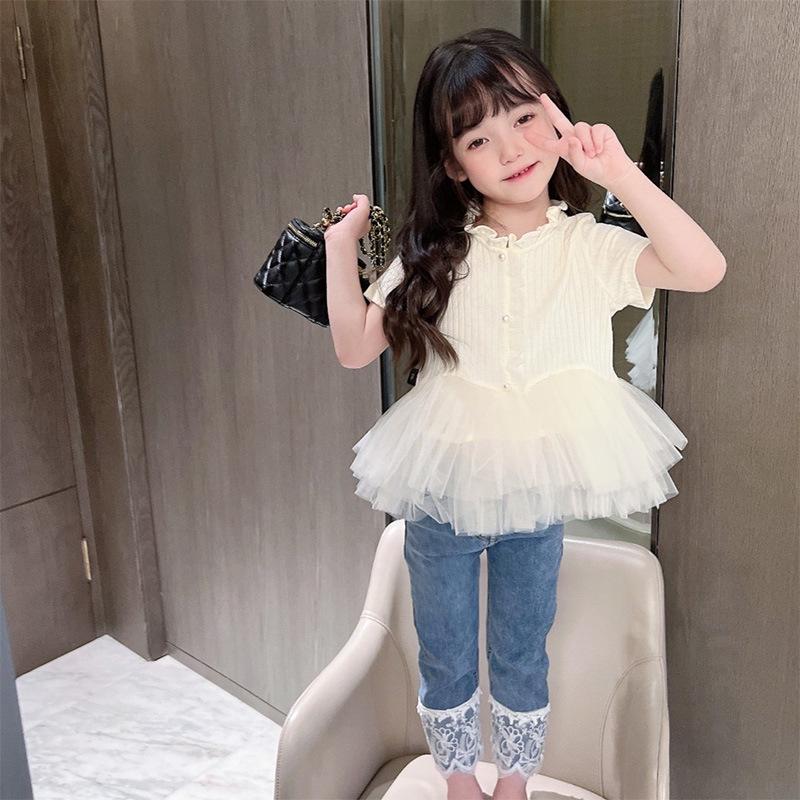 Girls' Summer 2025 Fashion Mesh Skirt Top - Solid Color Short Sleeve, Versatile & Casual