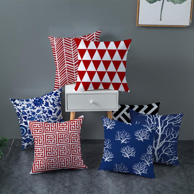 Red, Blue and Black Geometric Cushion Cover, Peach Skin Print Pillow Cover, Square Sofa Cushion, Home Textiles and Household Products