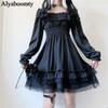 Japanisches Lolita-Stil-Damen-Prinzessin-Schwarz-Minikleid, Slash-Ausschnitt, hohe Taille, Gothic-Punk-Halloween-Kleid, Puffärmel, Spitze, Rüschen, Cosplay-Partykleid
