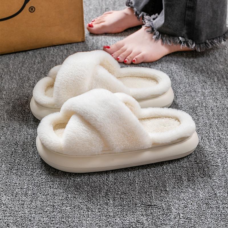 Cross Warm Fluffy Furry Slippers Women Lightweight Flat Heels Fur Slides Woman Autumn Winter Open Toe Non Slip Home Floor Shoes