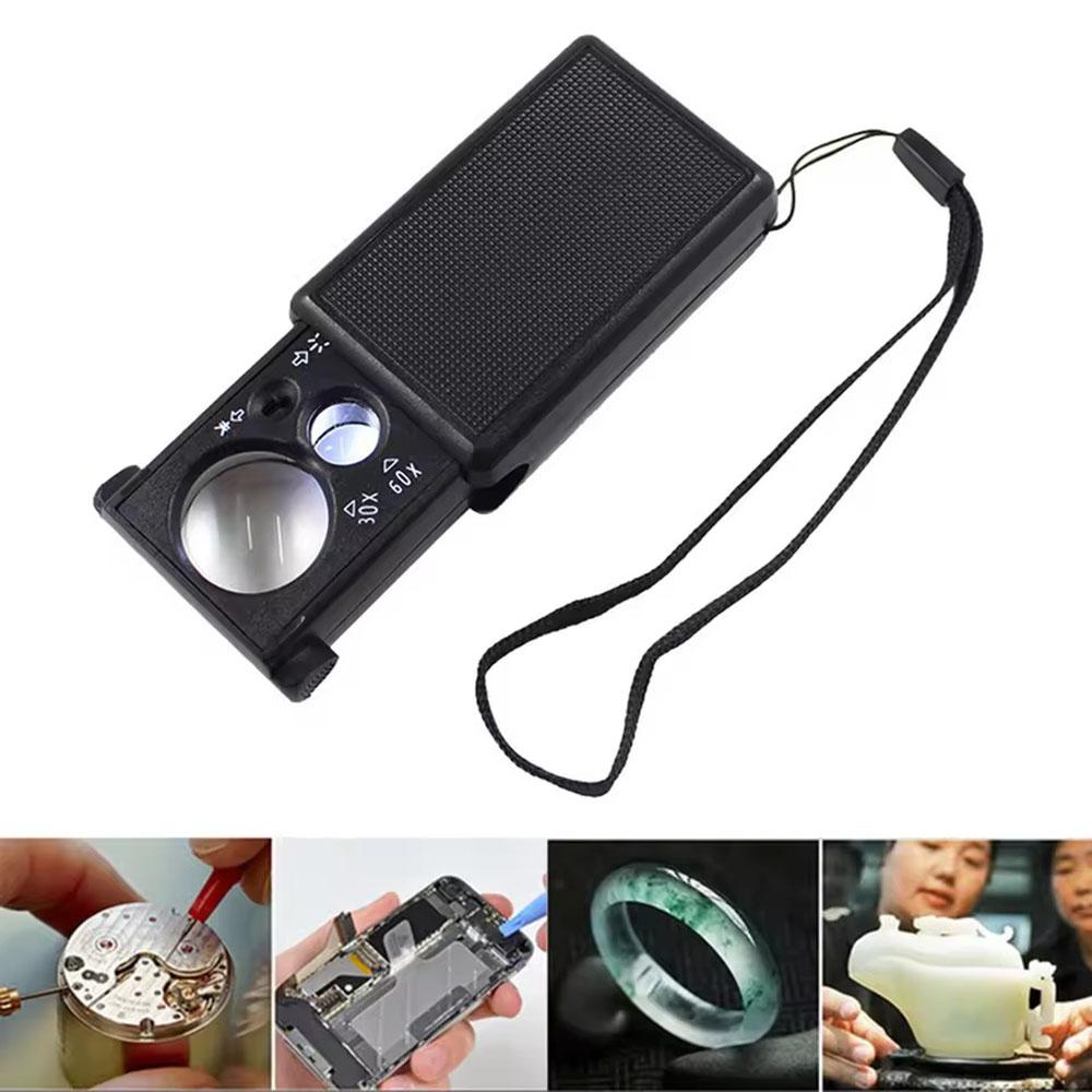 30X 60X Pocket Jewelry Magnifier Sliding Illuminated Magnifier with UV LED Light Hand Magnifier Lens for Diamond Coins