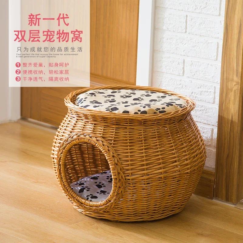 

Manual Rattan Cat House Natural Wicker Weaving Durable Green Pet Nest with Thick Mat Eco-Friendly Shelter for Big Cats 35X41cm