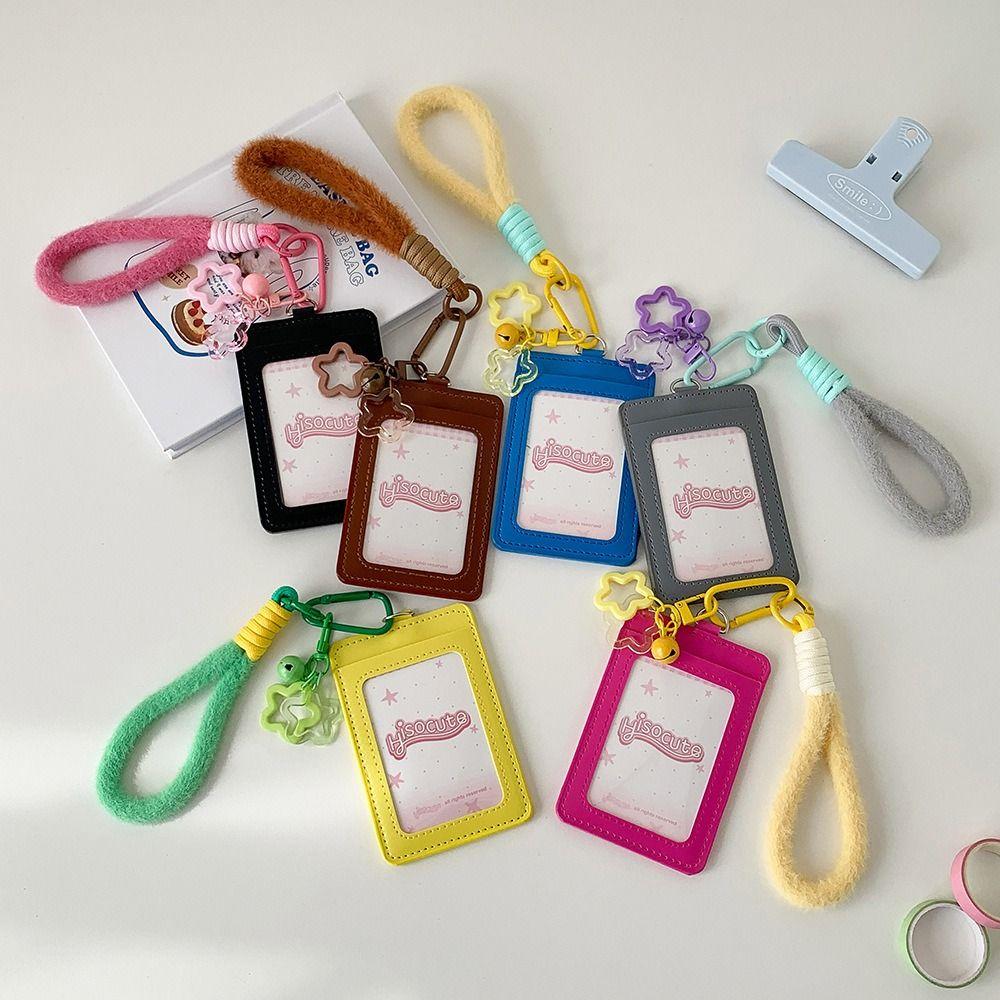 Creative PU Leather Card Holder Double Card Slot with Lanyard Photos Protective Cover Card Bag