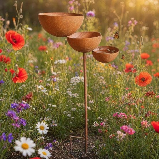 Yousheng 3 Tiered Cascading Rain Catcher Bird Bath, Metal Garden Stake Bird Water Bowl Feeder, Outdoor Pollinator Watering Station for Garden, Patio,