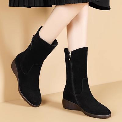 Mittelhohe Stiefel 2025 neue Herbst- und Winter dünne Flip-Fellstiefel bequeme weich besohlte Keilabsatz Damenstiefel