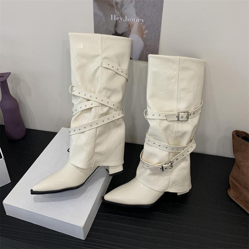 2025 Autumn and Winter New Trouser Boots Thick Heel Rivet Belt Buckle But Knee Boots Pointed High Boots Women