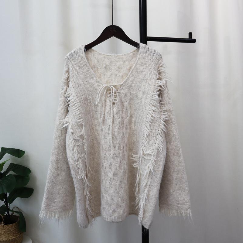 Autumn and Winter New Loose Fringed Design Knitted Sweater Top Soft Waxy Lazy Wind Sweater Pullover Woman