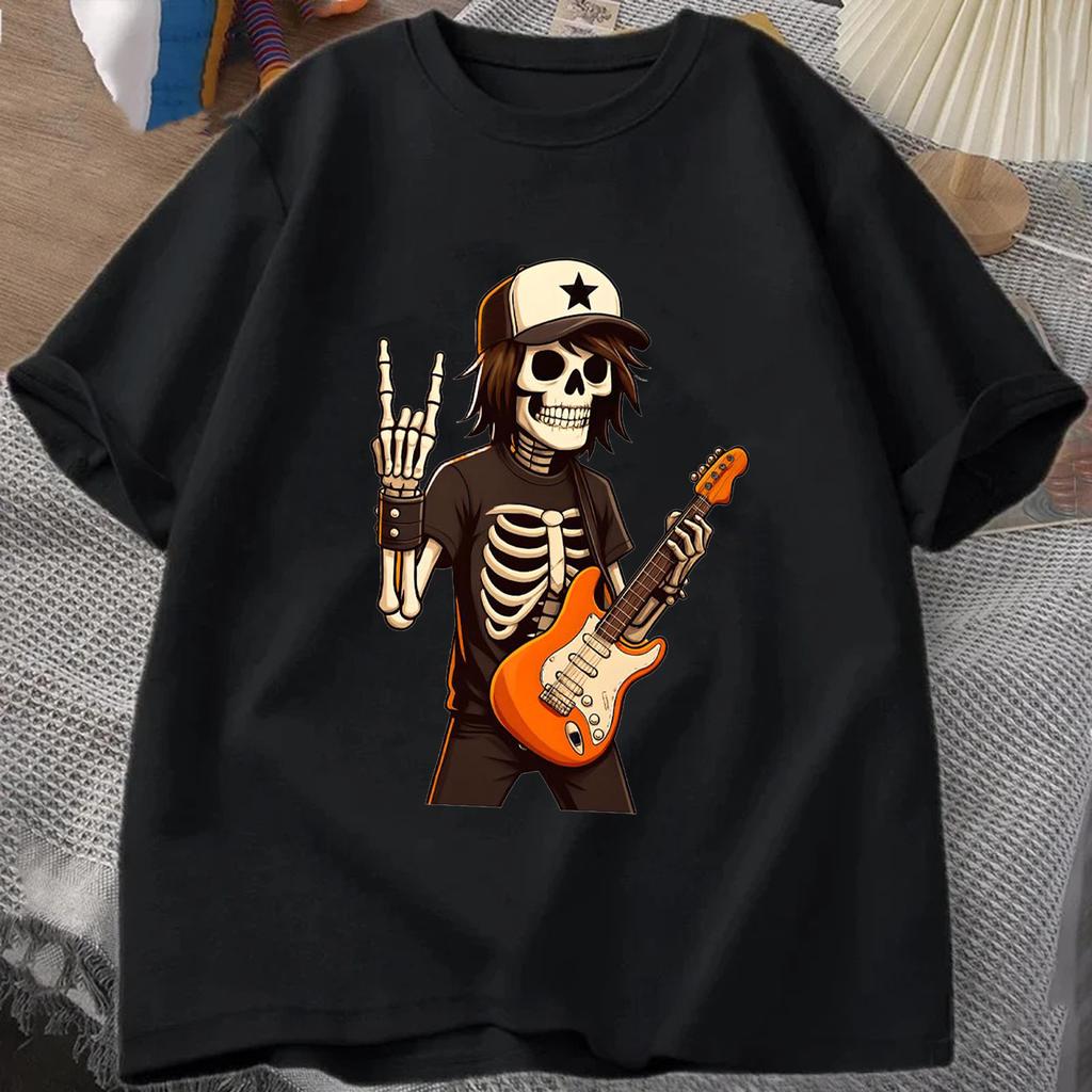 Cartoon Skeleton Rock Musician Tshirt Summer Mens T-shirt Musician Sportswear O-neck Short-slee