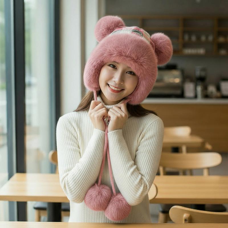 Winter Hat Female Cute Antlers Hairball Ear Protectors Plush Hat Christmas Thickened Northeast Lei Feng Hat Cycling Hat