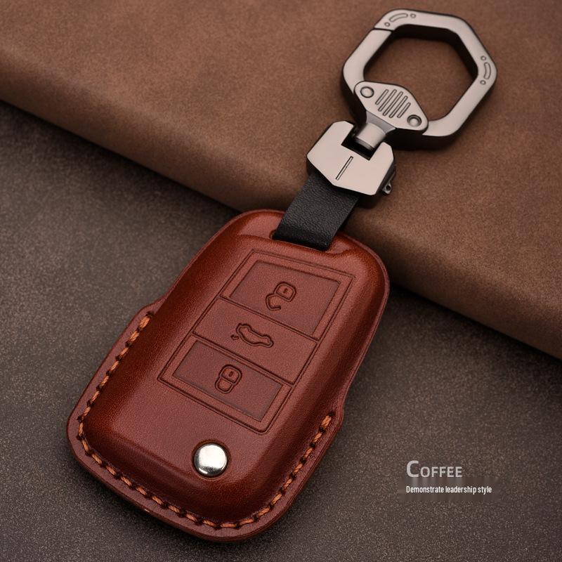 Genuine Leather Car Key Cover for Volkswagen: Fits T-Roc, Teramont, Tiguan, CC, Bora, Golf 7, Golf 6, Lamando.