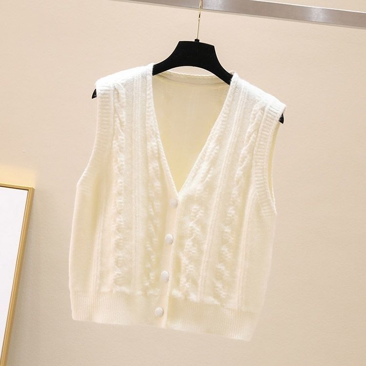 Dámský propínací svetr Vlněný pletený kardigan Vesta Volný copánkový vzor Preppy styl Vesta Bez rukávů Svrchní oděv