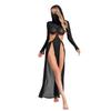 Women Sheer Maxi Dress High Slit Design Hooded Face Cover Long Sleeves Hollow Out Mesh Coverup Gown