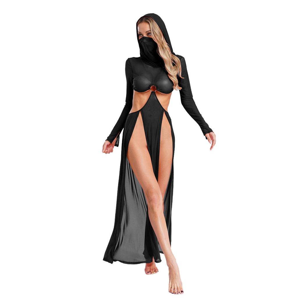 Women Sheer Maxi Dress High Slit Design Hooded Face Cover Long Sleeves Hollow Out Mesh Coverup Gown
