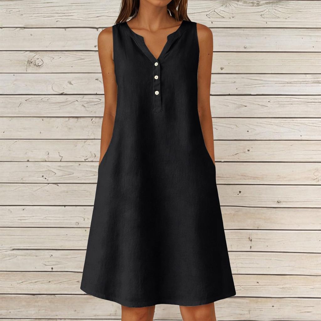 Women's Summer Casual V-neck Button Color Sleeveless Long Dress With Pockets