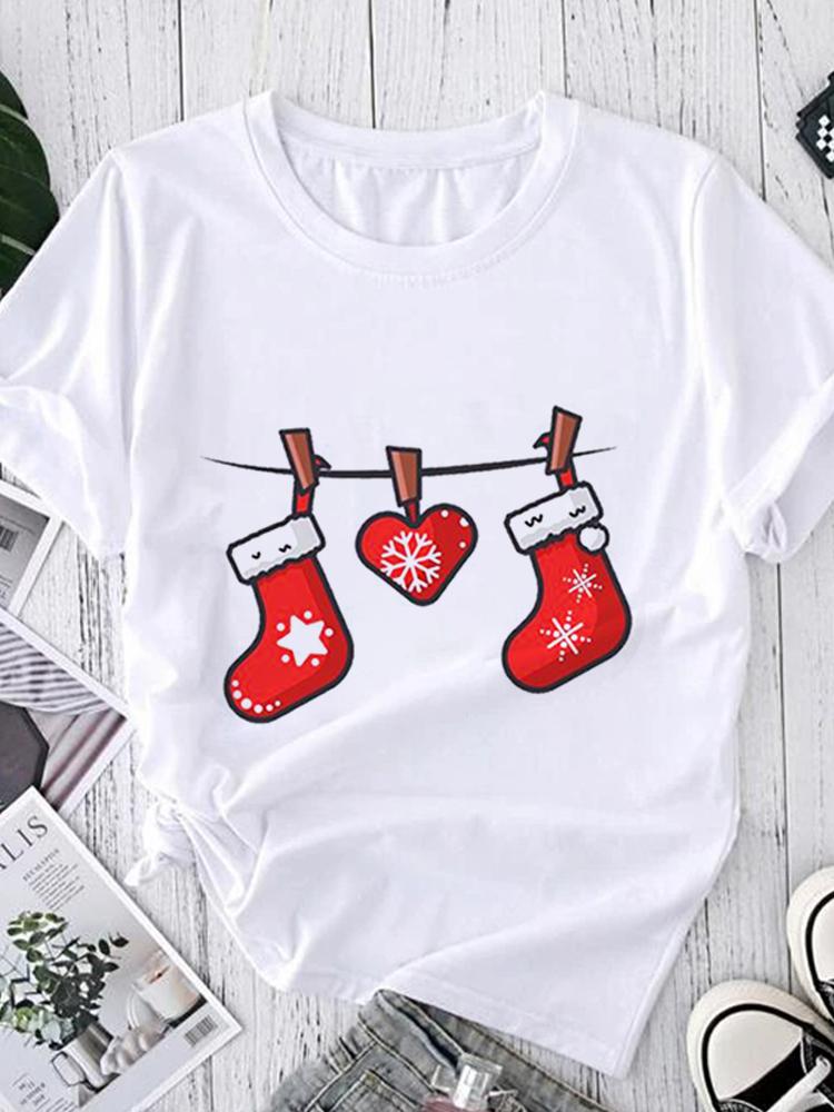 Women Tees Graphic Cartoon Christmas Print Wear Vacation Tops Tees Ladies Short Sleeve 90S Summer Fashion Trend Tshirt T-Shirt