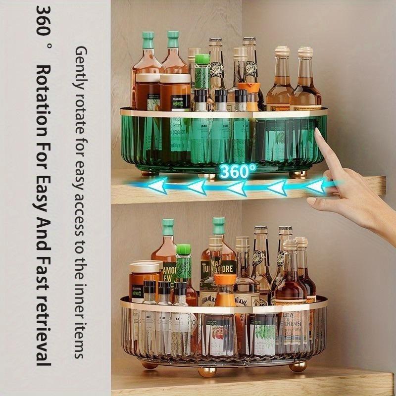 360°Rotating Storage Box Living Room Desktop Cosmetics Organizer Rack Transparent Tray Kitchen Spice Food Storage Shelf