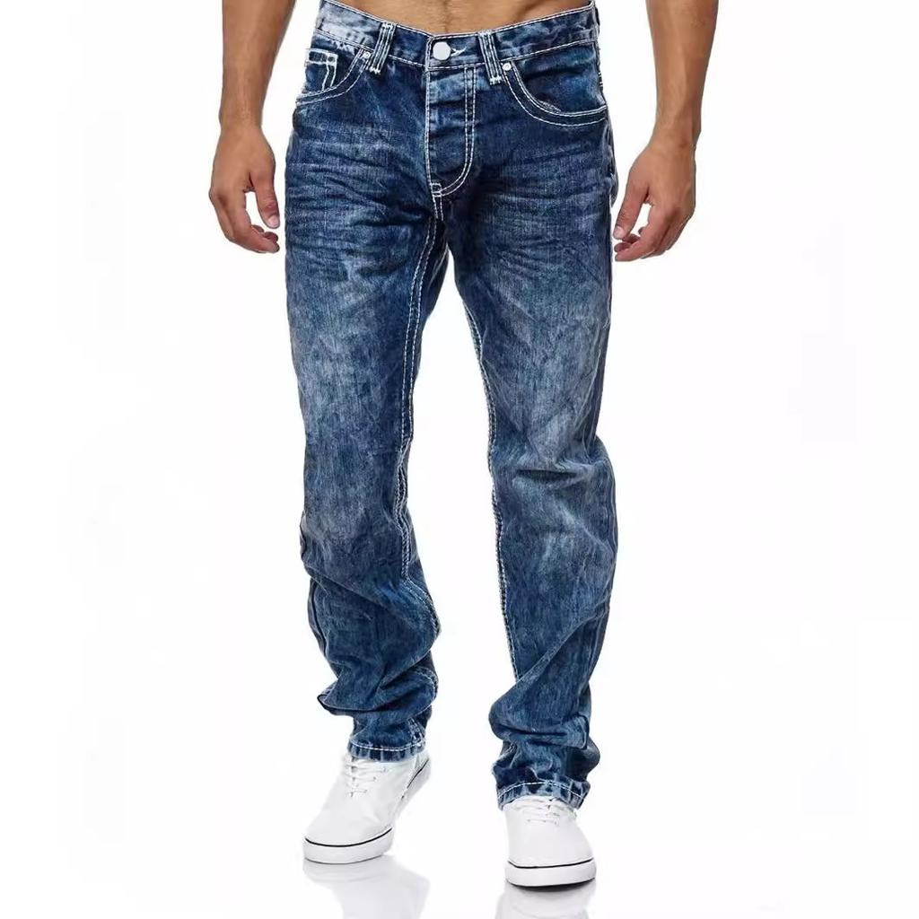 Pánske rovné džínsy z odreninového svetlomodrého a tmavomodrého a čierneho denimu s bielym prešívaním