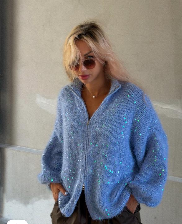2026 Autumn/Winter Blue Sequin Knit Cardigan Sweater for Women