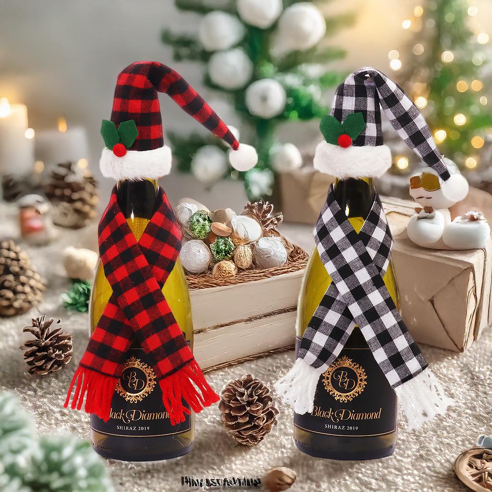 Festive Gingham Wine Bottle Covers - Tabletop Christmas Decoration Set