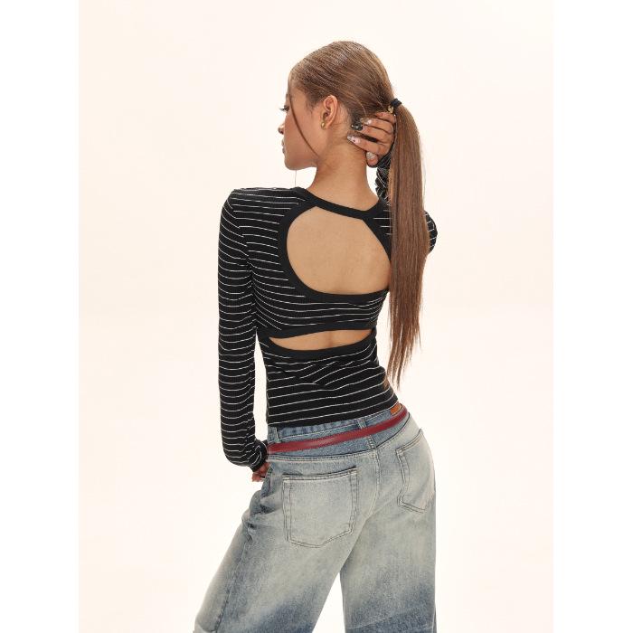 Trendy Women s Retro Striped Slimming Long Sleeve Open Back T-Shirt Medium