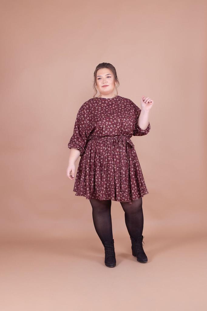 Women's Big Size Dress Plus Size Burgundy Velvet Floral Patterned Bat Sleeve Dress