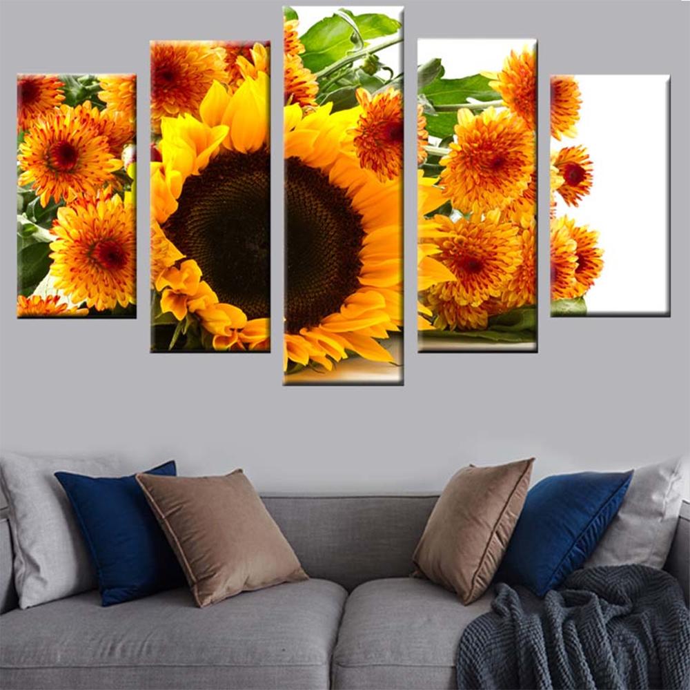 Wall Art Canvas Painting Picture 5 Pieces Yellow Sunflower Landscape HD Print Modern Home Decoration Poster Living Room