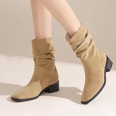2024 Vendita Calda Scarpe da Donna Manicotto Stivali da Donna Autunno Punta Rotonda Tinta Unita Gambale Corto Tacco Grosso Taglia Grande Stivali alla Moda