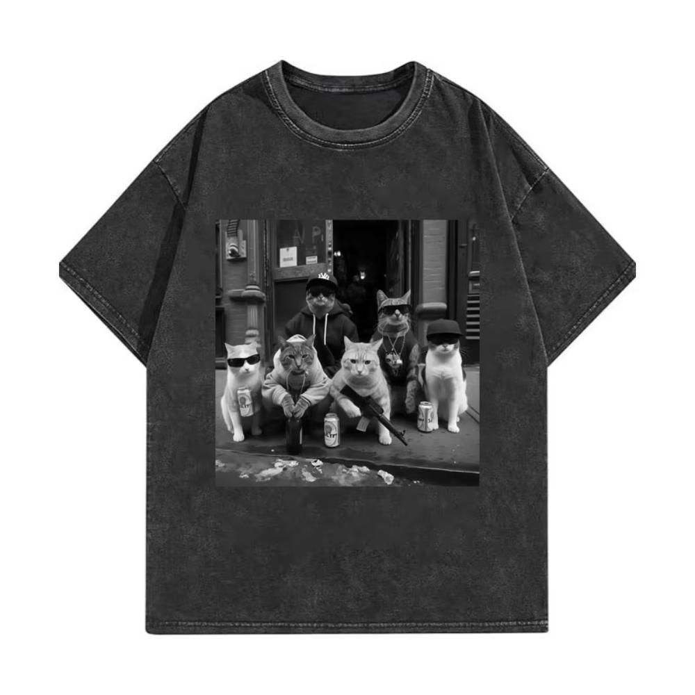 Lustige Katzenbande Meme Grafik T-Shirts Herren Damen Mode Vintage Gewaschene T-Shirts Sommer Hohe Qualität Baumwolle Übergroße T-Shirts