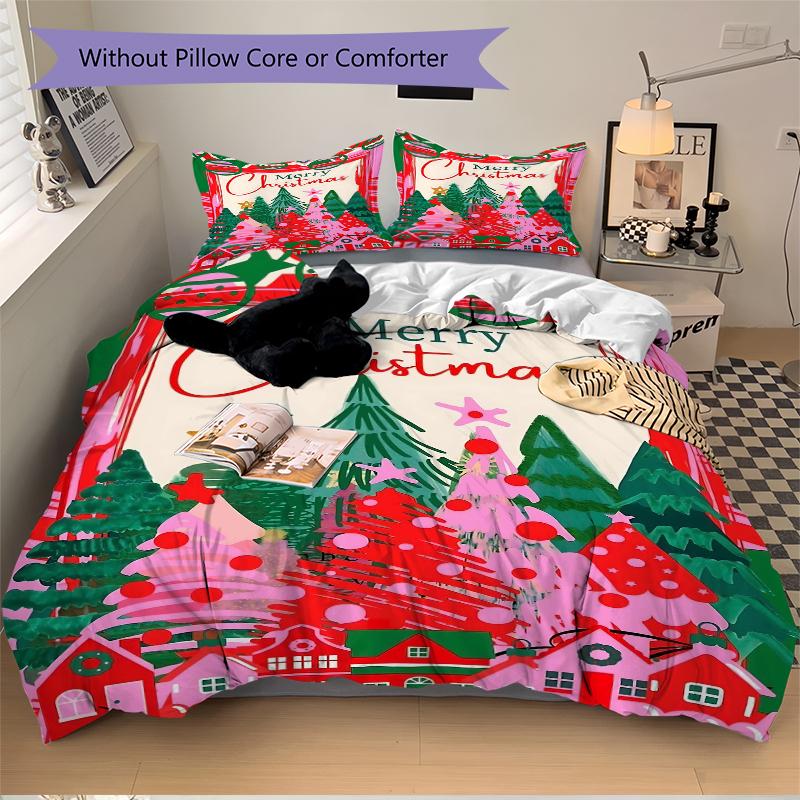 3Pcs Christmas Village Scene Bedding Set Quilt Cover Pillowcase Home Christmas Halloween Gift 1 Duvet Cover 2 Pillowcase S183