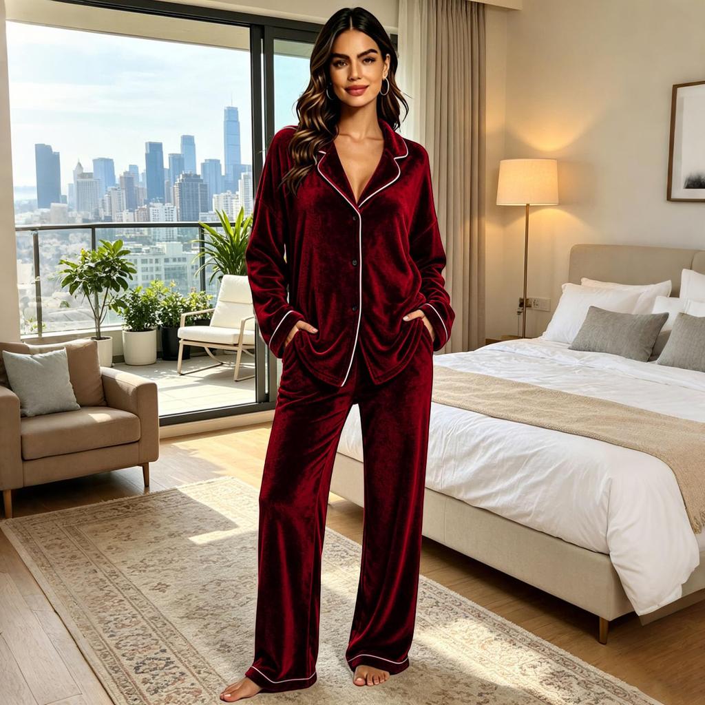 Women's Color Long Sleeve Pajama Set with Lapel Collar Top and Pants for Casual Loungewear