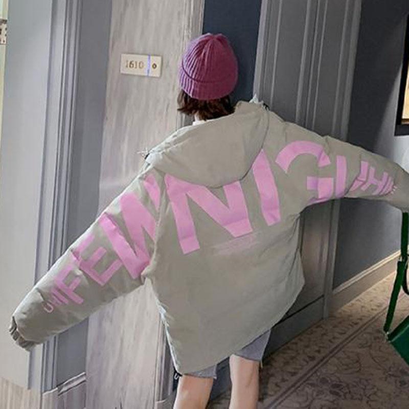 Winter Lockere Lässige Daunen Baumwolljacke Mittel und Lang Buchstabenmuster Jacke mit Kapuze All-Match Damen Baumwolljacke