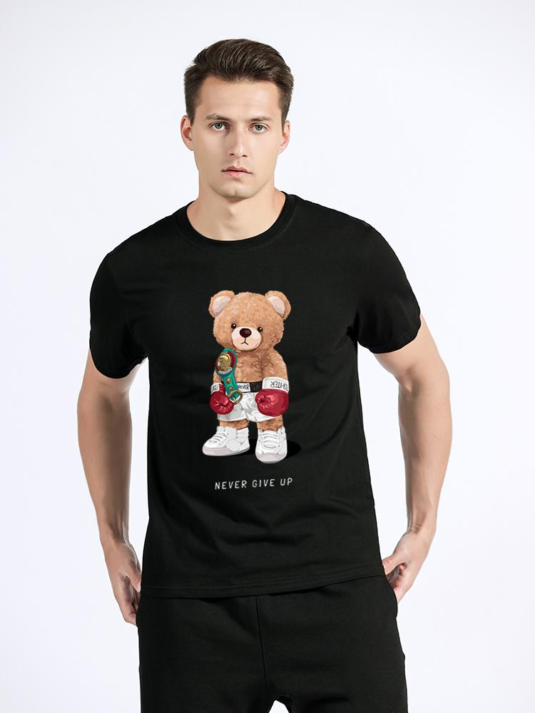 Strong Boxer Teddy Bear Never Give Up Print Men T-shirt Summer Short Sleeve Cotton Basic Tops Tees TShirt Streetwear Clothes