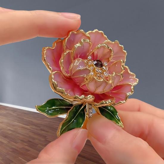 Women Brooch Sparkling Rhinestones Enamel Peony Shape Lapel Pin Suits Coats Bags Scarves Badge Versatile Accessory