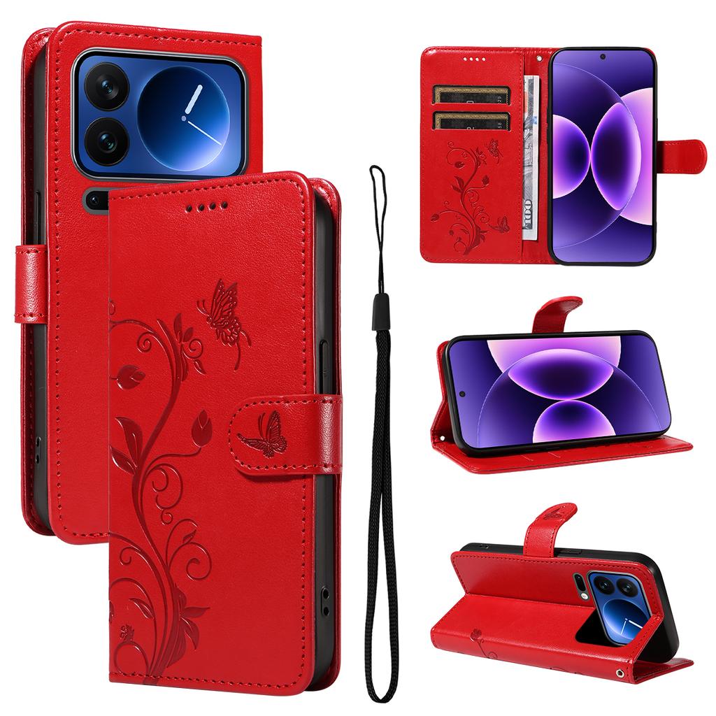 For Xiaomi 17 Pro PU Leather Cases Flower Pattern Wallet Stand Phone Cover with Strap