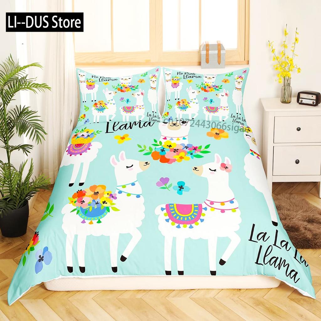 Lovely Cartoon Alpaca Llama Cactus Print Boys Girls Duvet Cover Set Full Size For Kids Teen Bedding Set Comforter Cover Decor