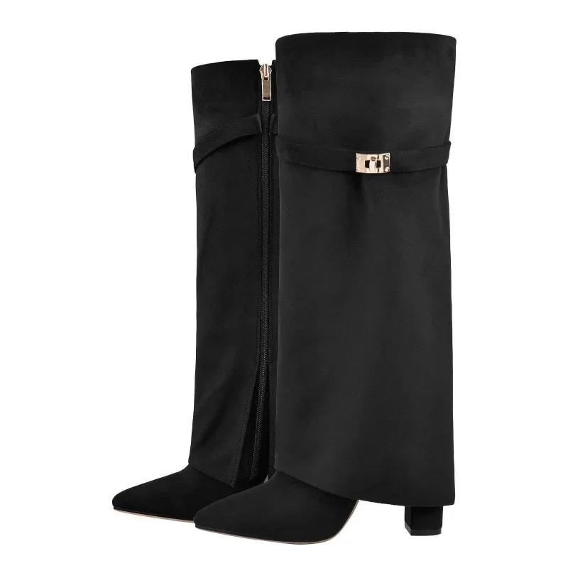 Elegant High Heel Mid-Calf Boots with Metal Buckles for Formal Banquets, Stylish Riding Boots for Women, Chunky Heel Dress Boots