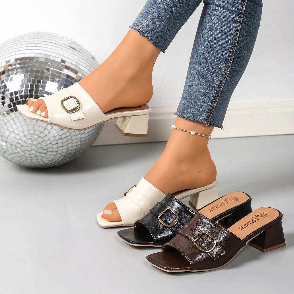 Womens Style Square Toe Pu Flat Slide Sandals Summer Casual Comfortable For Beach Walks