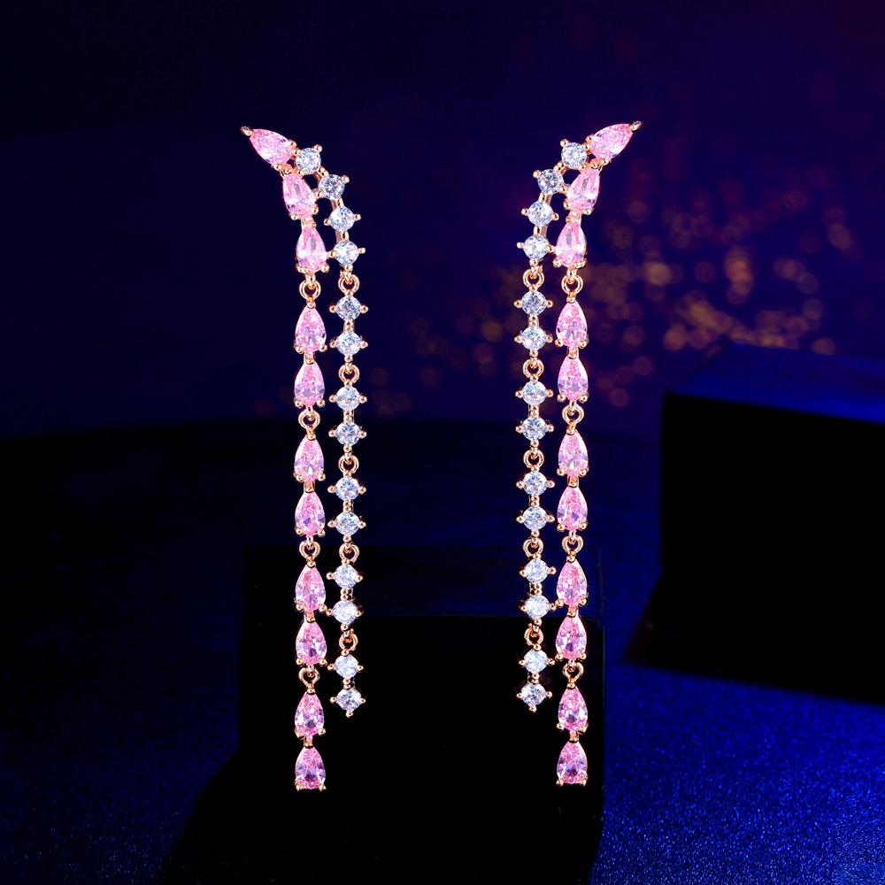 

Игольчатые Свежие и Милые Серьги с Розовыми Бриллиантами и Длинной Бахромой, Супер Блестящие Серьги с Полным Цирконом