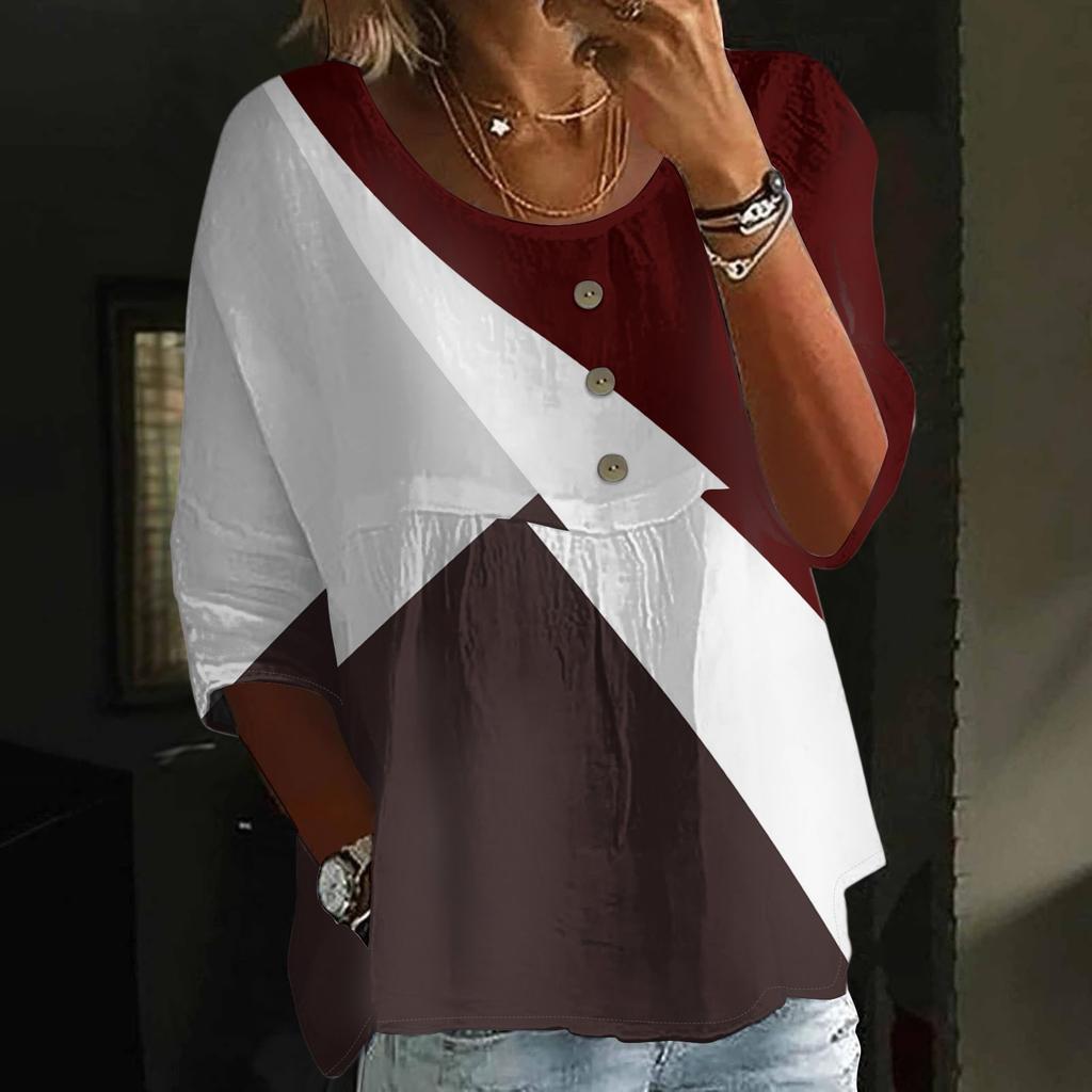 Dámská móda Ležérní tříčtvrteční rukáv Volný kulatý výstřih Knoflík Květinový potisk Top